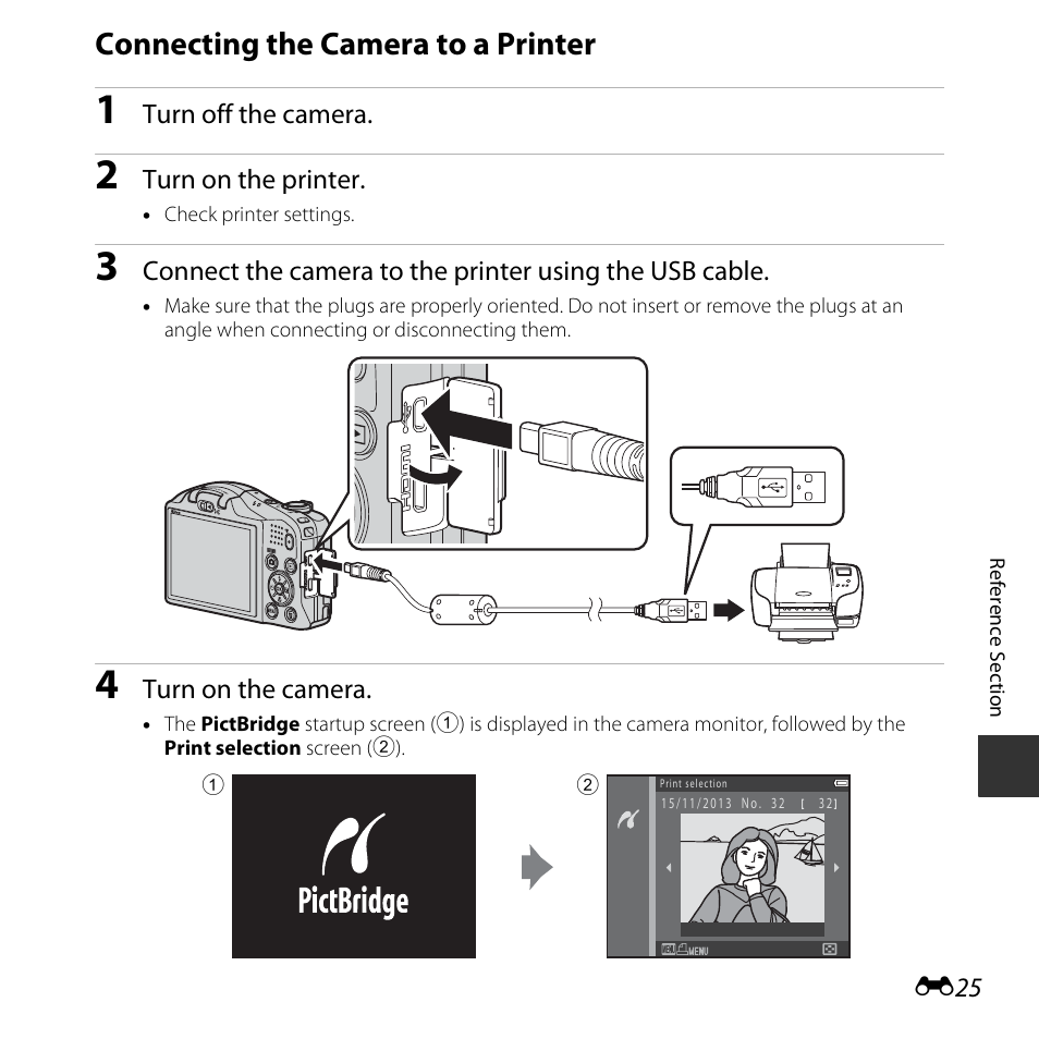 Connecting the camera to a printer, E25) | Nikon L620 User Manual | Page 123 / 212