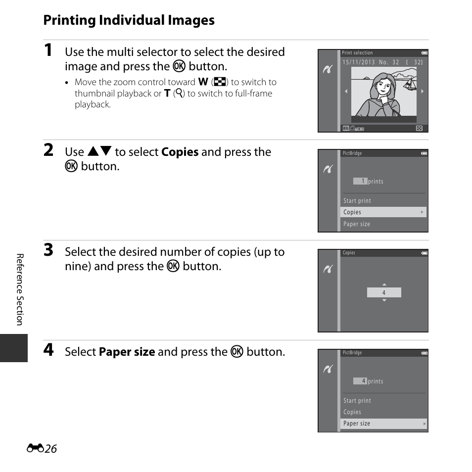 Printing individual images, E26), Use hi to select copies and press the k button | Select paper size and press the k button | Nikon L620 User Manual | Page 124 / 212