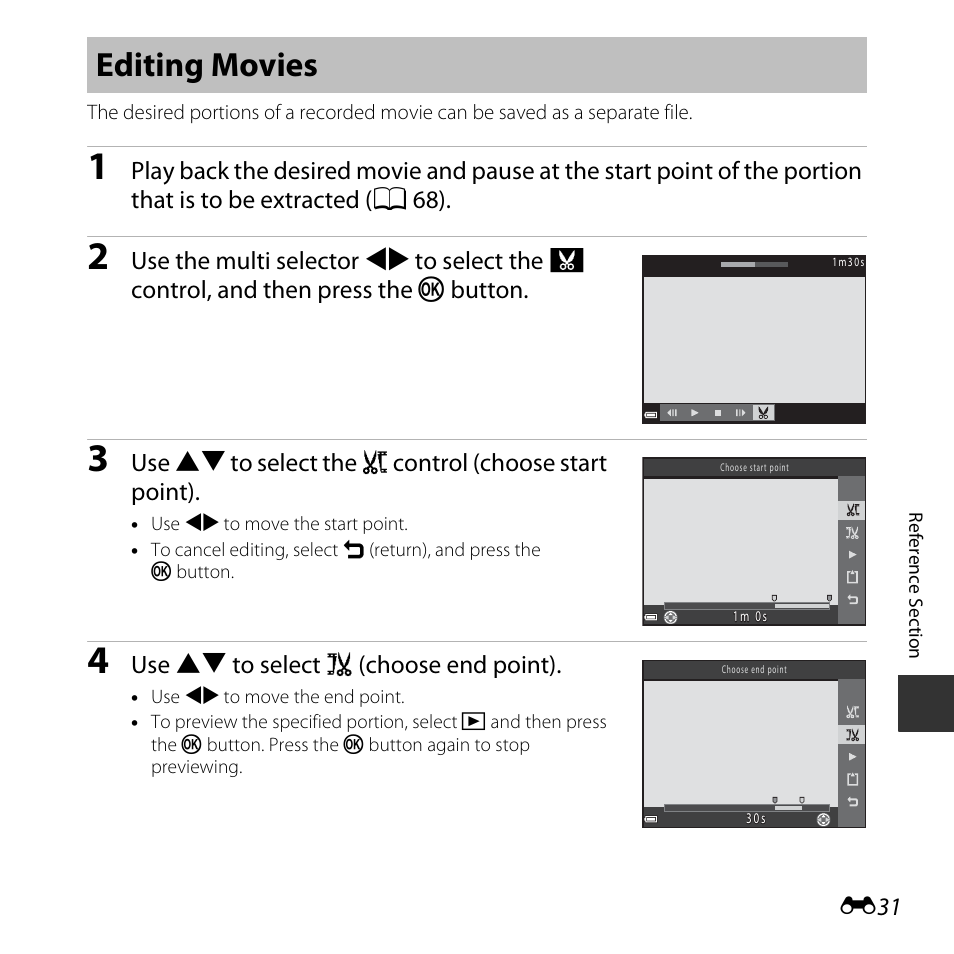 Editing movies, E31), Use hi to select n (choose end point) | Nikon L620 User Manual | Page 129 / 212