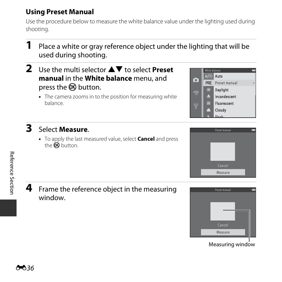 Using preset manual, Select measure, Frame the reference object in the measuring window | Nikon L620 User Manual | Page 134 / 212
