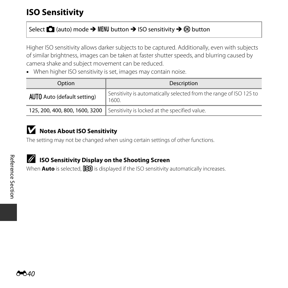 Iso sensitivity | Nikon L620 User Manual | Page 138 / 212
