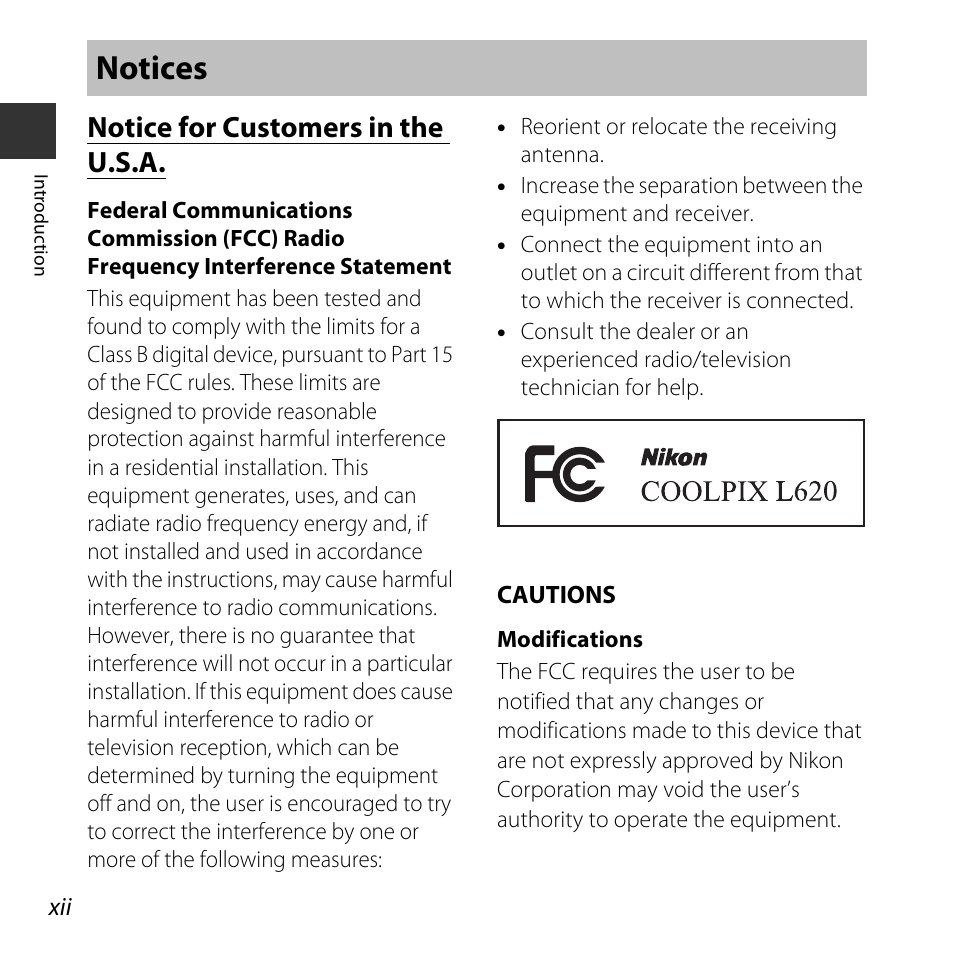 Notices, Notice for customers in the u.s.a | Nikon L620 User Manual | Page 14 / 212