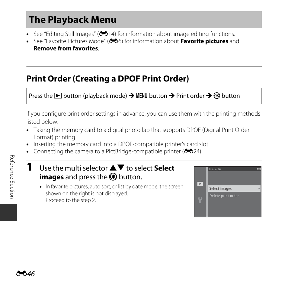 The playback menu, Print order (creating a dpof print order), E46) | Nikon L620 User Manual | Page 144 / 212