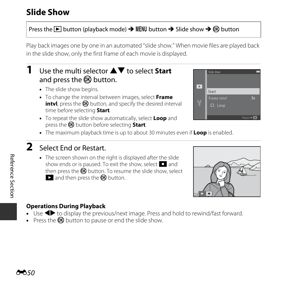 Slide show, Select end or restart | Nikon L620 User Manual | Page 148 / 212