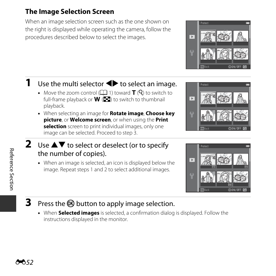 The image selection screen, Use the multi selector jk to select an image, Press the k button to apply image selection | Nikon L620 User Manual | Page 150 / 212