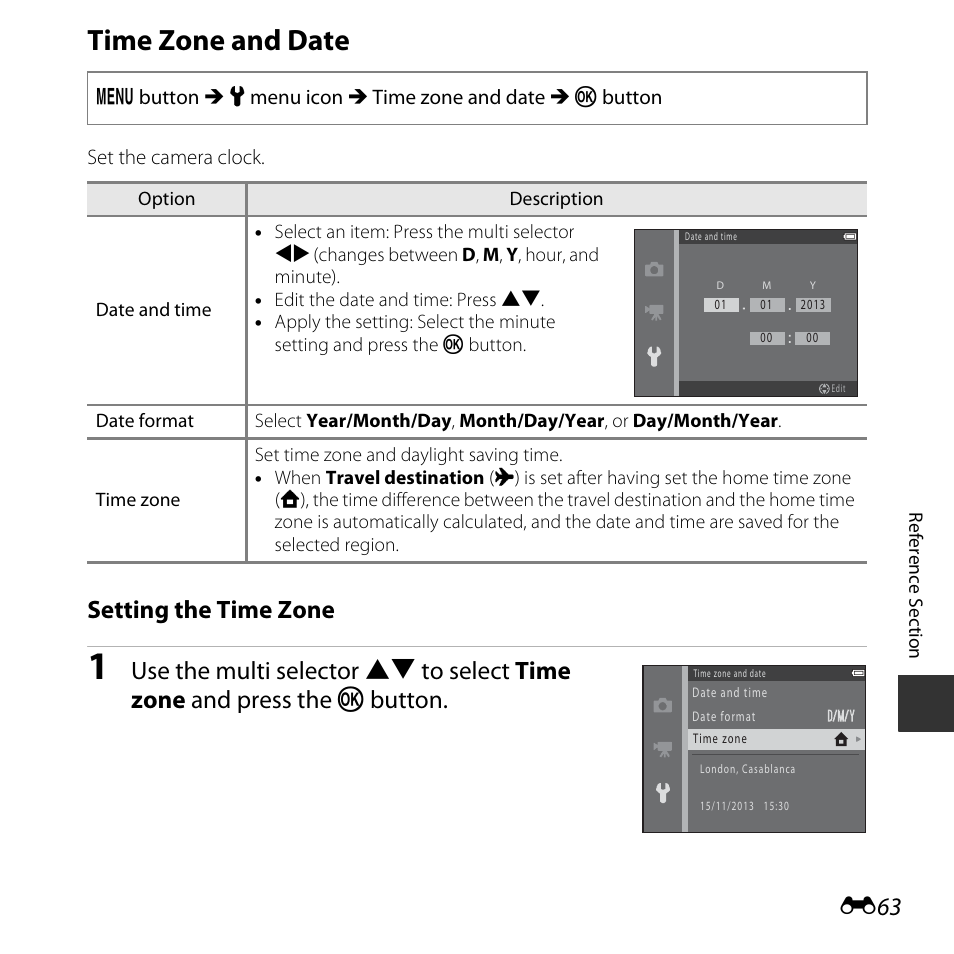 Time zone and date, Setting the time zone | Nikon L620 User Manual | Page 161 / 212