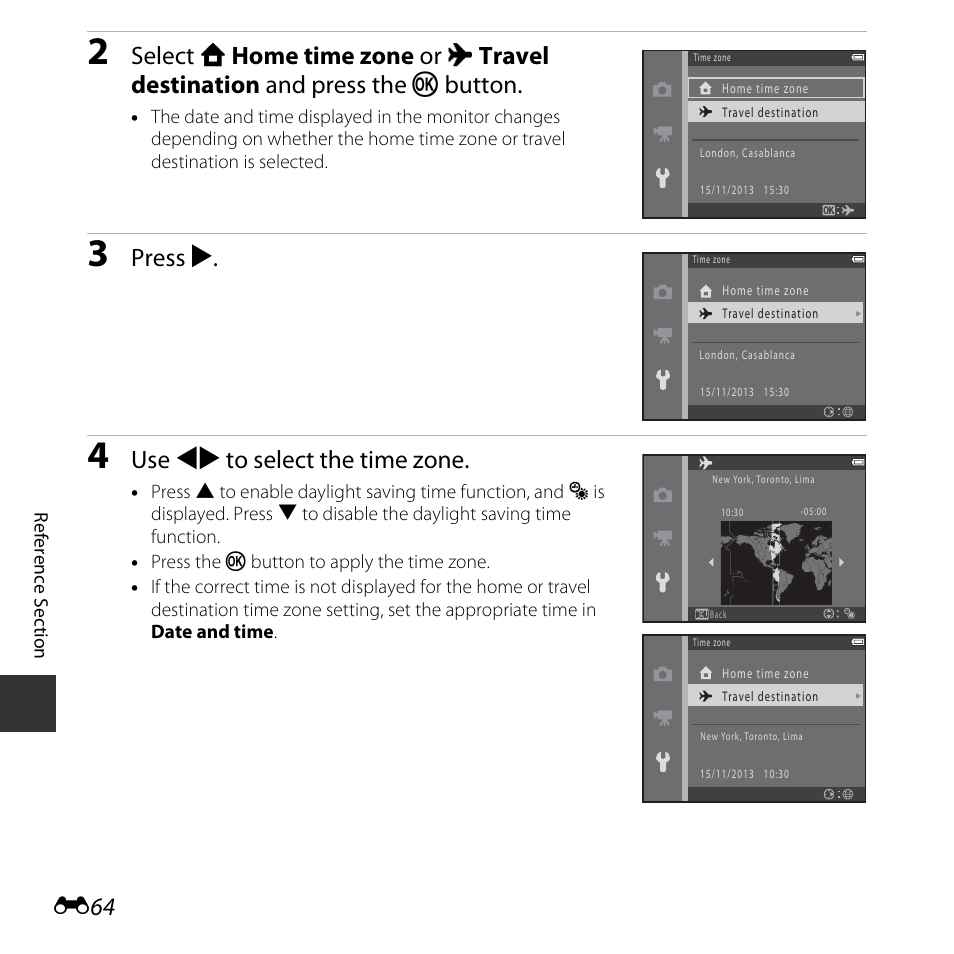 Press k, Use jk to select the time zone | Nikon L620 User Manual | Page 162 / 212
