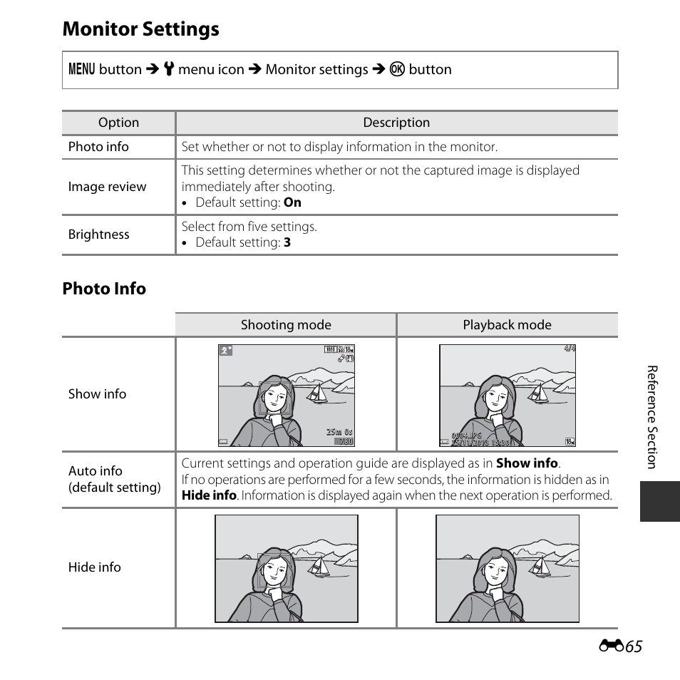 Monitor settings, Photo info | Nikon L620 User Manual | Page 163 / 212