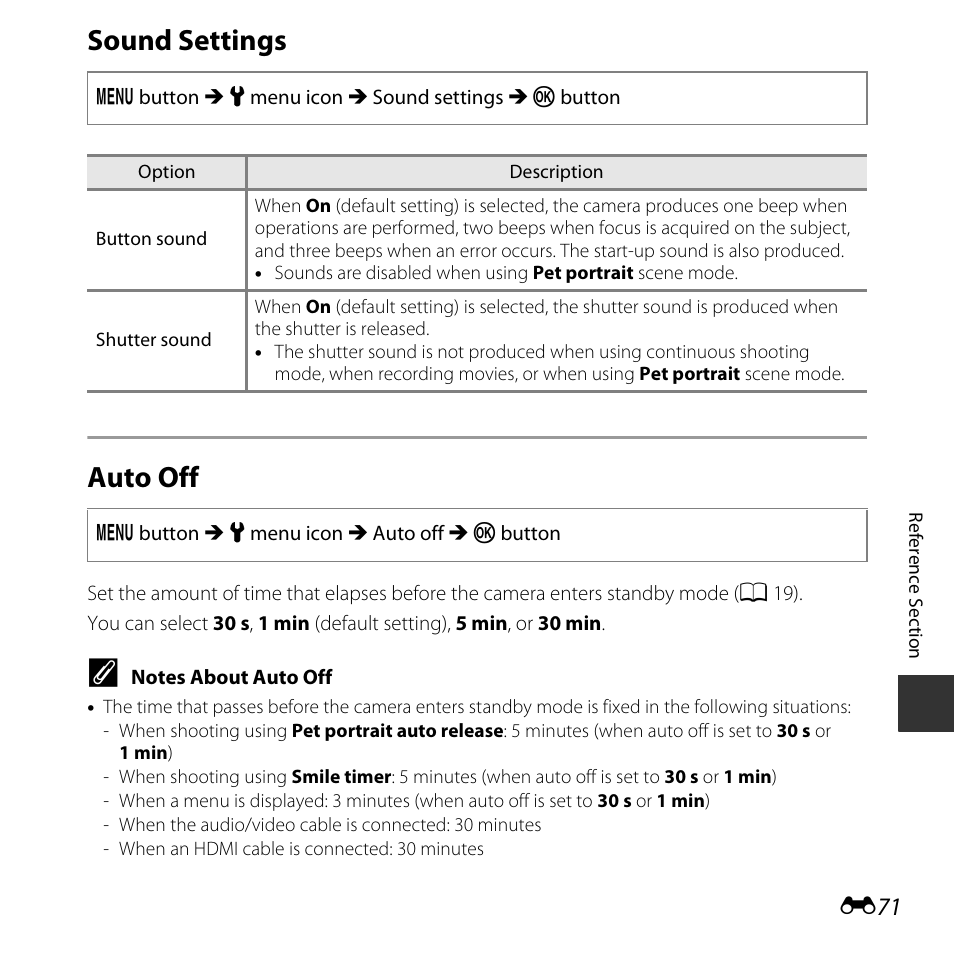 Sound settings, Auto off, Sound settings auto off | Nikon L620 User Manual | Page 169 / 212