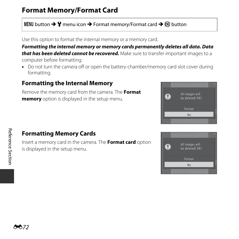 Format memory/format card | Nikon L620 User Manual | Page 170 / 212