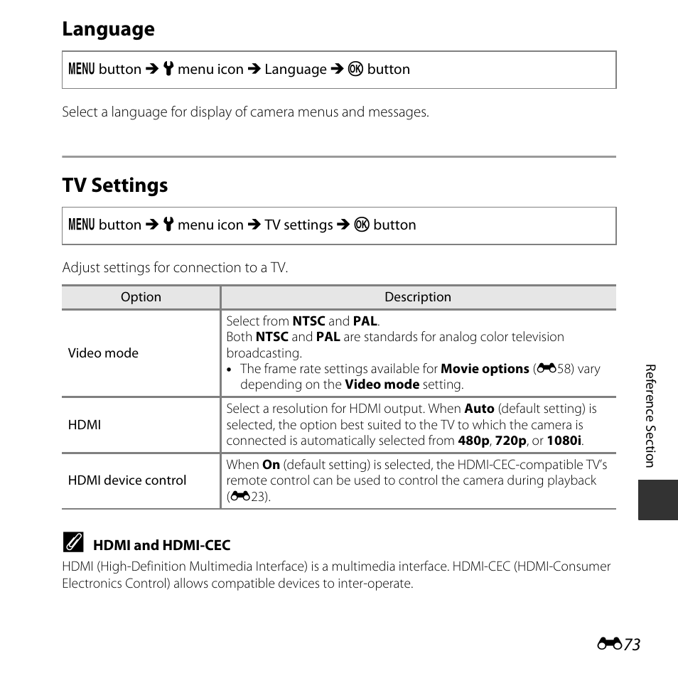 Language, Tv settings | Nikon L620 User Manual | Page 171 / 212