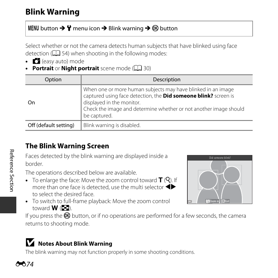 Blink warning, The blink warning screen | Nikon L620 User Manual | Page 172 / 212