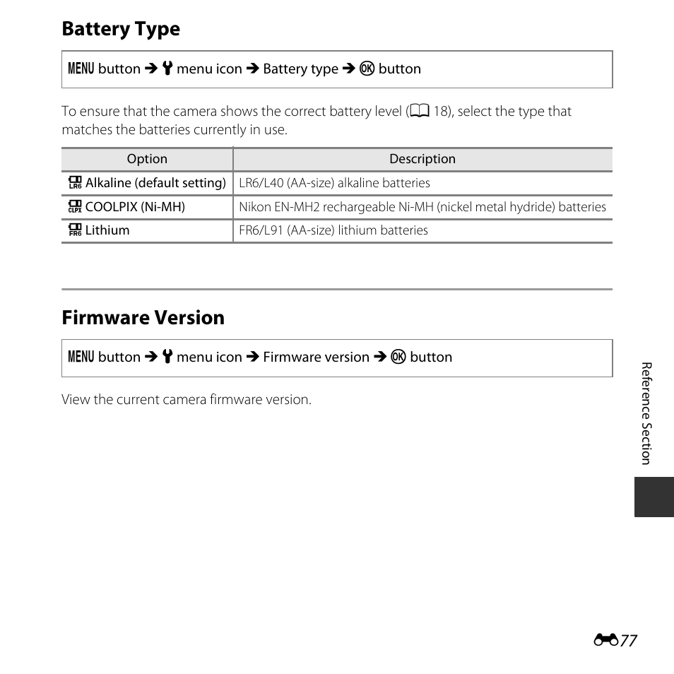 Battery type, Firmware version | Nikon L620 User Manual | Page 175 / 212