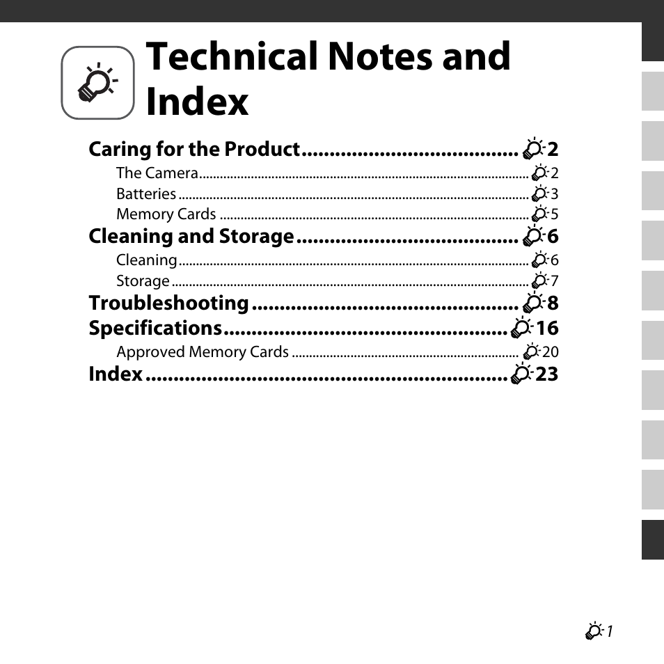 Technical notes and index, Technical notes and index.................. f1 | Nikon L620 User Manual | Page 183 / 212