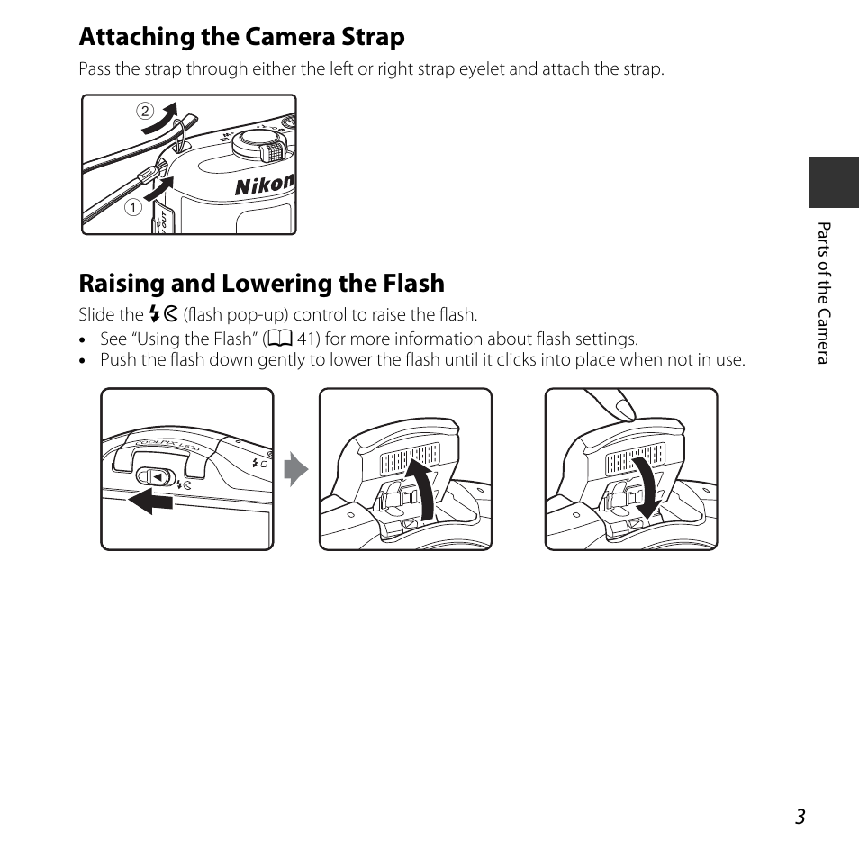 Attaching the camera strap, Raising and lowering the flash | Nikon L620 User Manual | Page 23 / 212