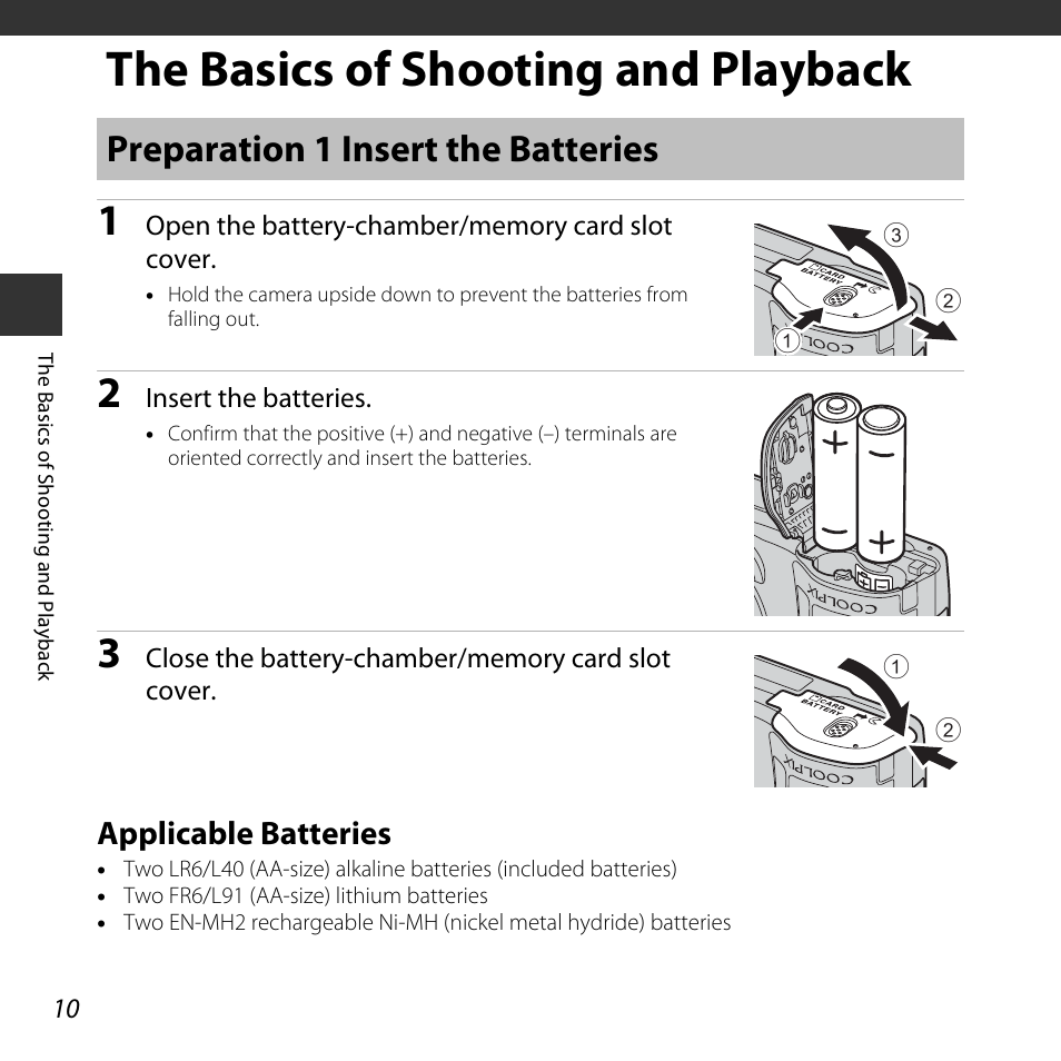 The basics of shooting and playback, Preparation 1 insert the batteries, Applicable batteries | A 10) | Nikon L620 User Manual | Page 30 / 212