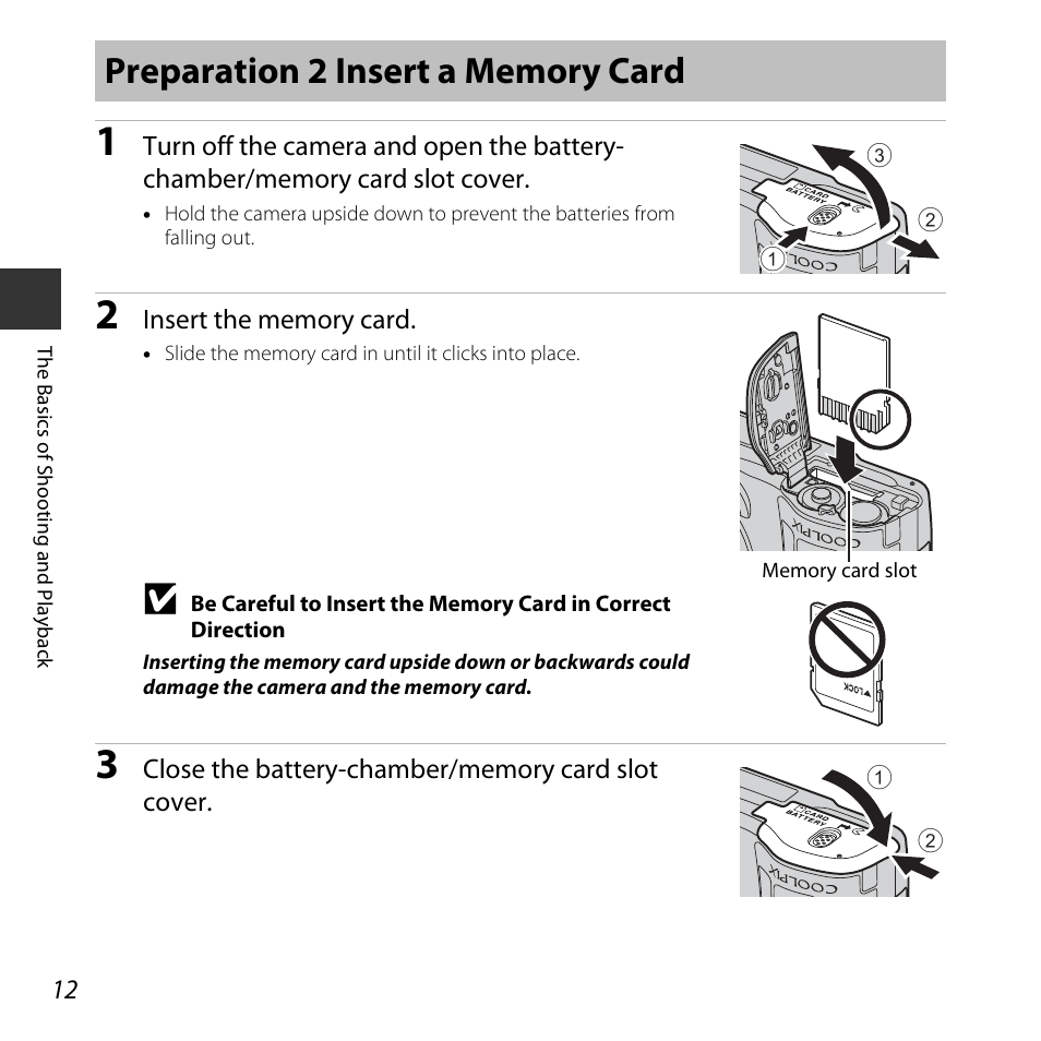 Preparation 2 insert a memory card | Nikon L620 User Manual | Page 32 / 212