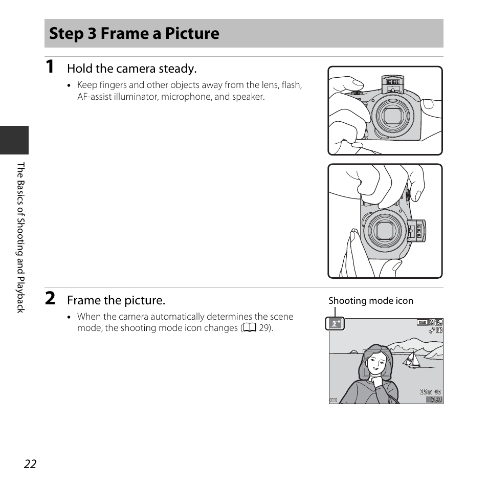 Step 3 frame a picture, Hold the camera steady, Frame the picture | Nikon L620 User Manual | Page 42 / 212