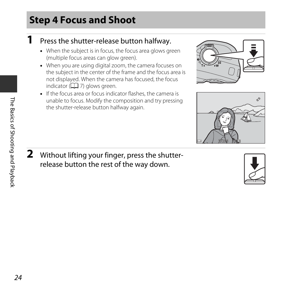 Step 4 focus and shoot, Press the shutter-release button halfway | Nikon L620 User Manual | Page 44 / 212