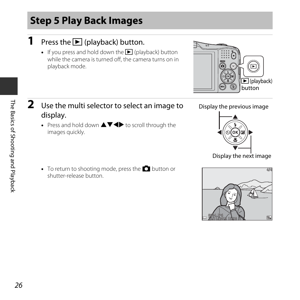 Step 5 play back images, Press the c (playback) button | Nikon L620 User Manual | Page 46 / 212