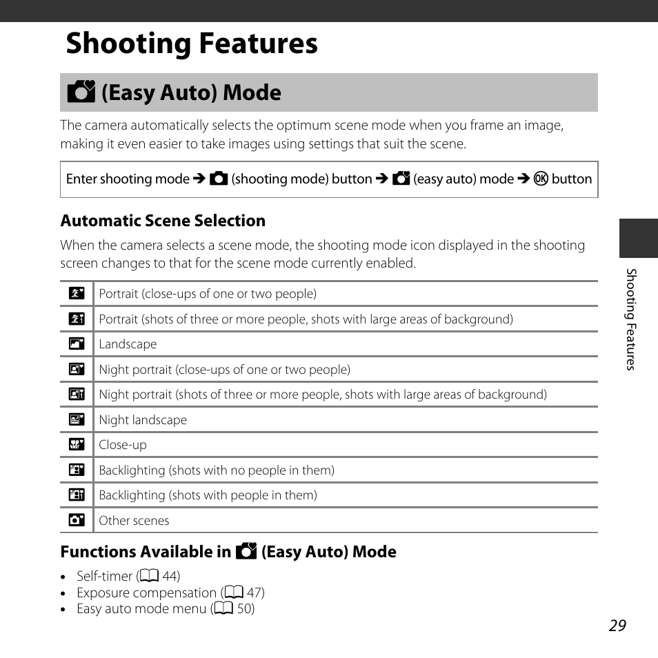 Shooting features, Easy auto mode, G (easy auto) mode | A 29 | Nikon L620 User Manual | Page 49 / 212