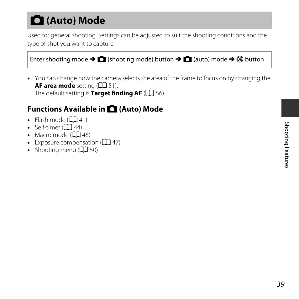 Auto mode, A (auto) mode, A 39 | Nikon L620 User Manual | Page 59 / 212