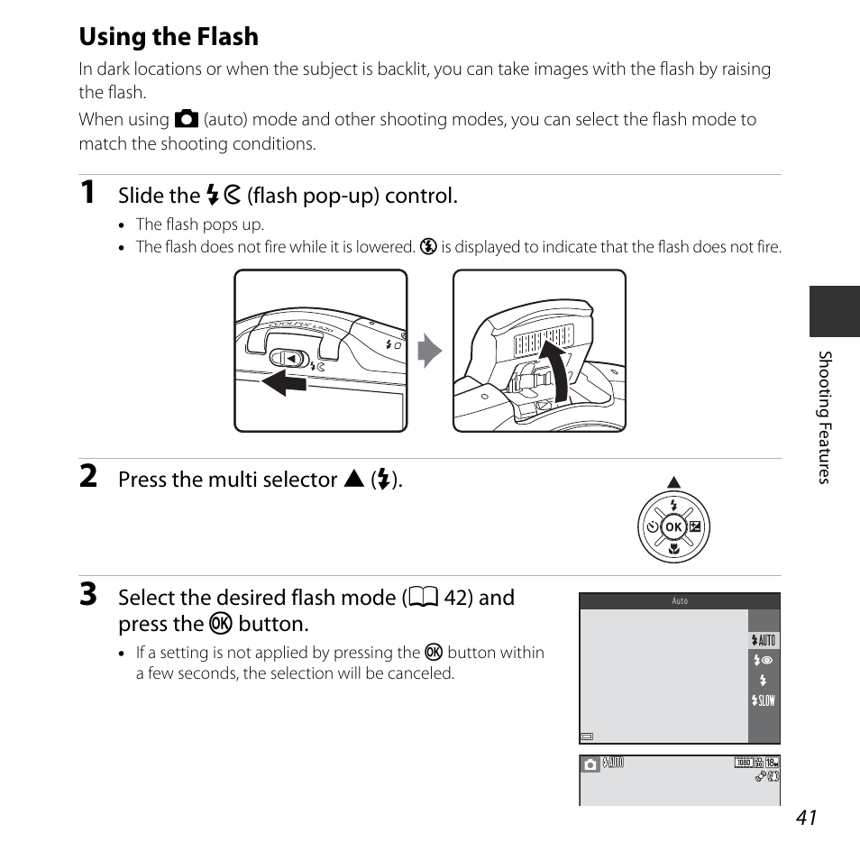 Using the flash, A 41) | Nikon L620 User Manual | Page 61 / 212