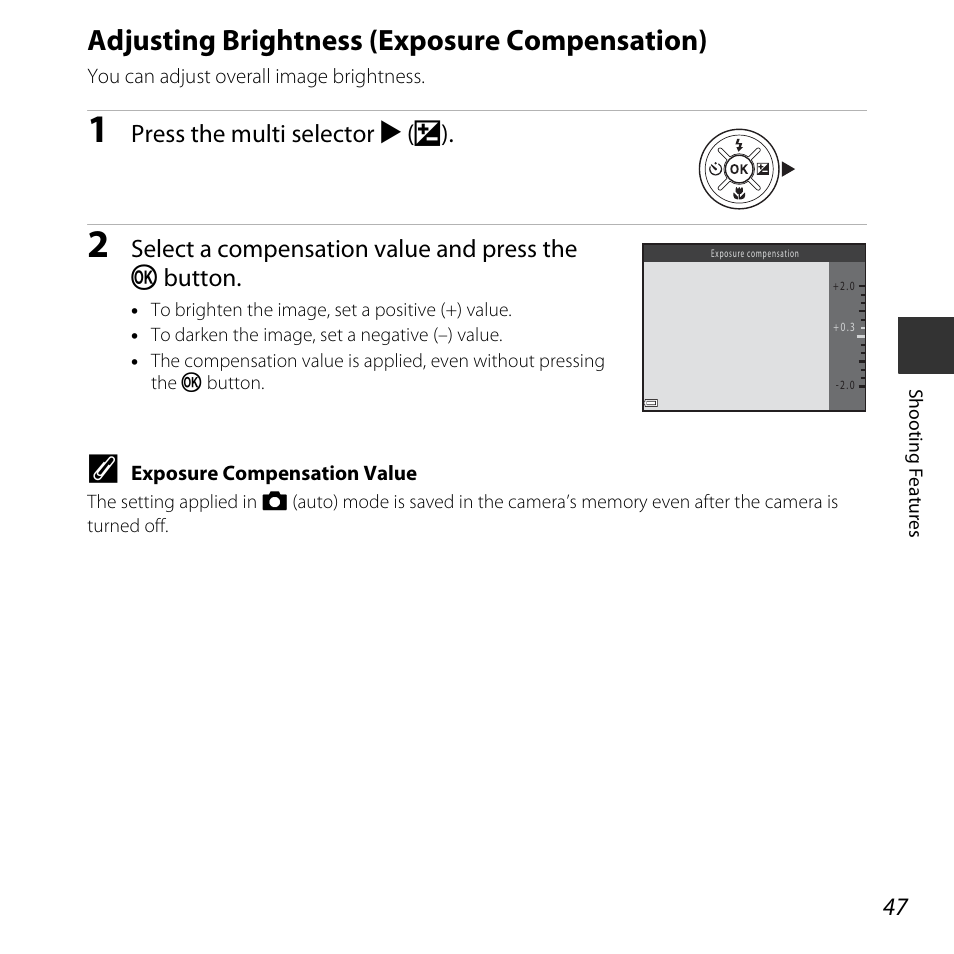 Adjusting brightness (exposure compensation), A 47) | Nikon L620 User Manual | Page 67 / 212