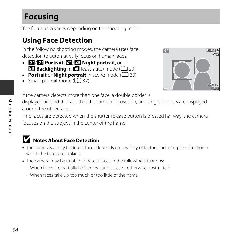 Focusing, Using face detection | Nikon L620 User Manual | Page 74 / 212