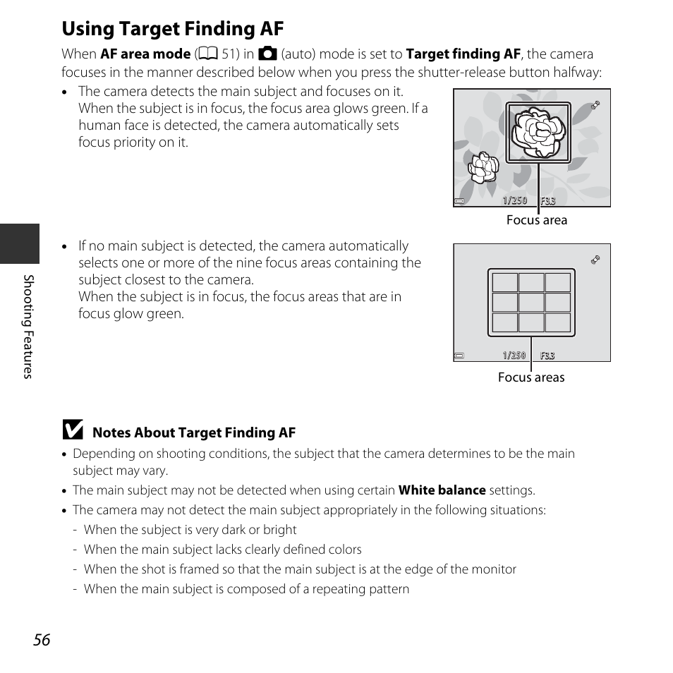 Using target finding af, A 56), A 56 | Nikon L620 User Manual | Page 76 / 212