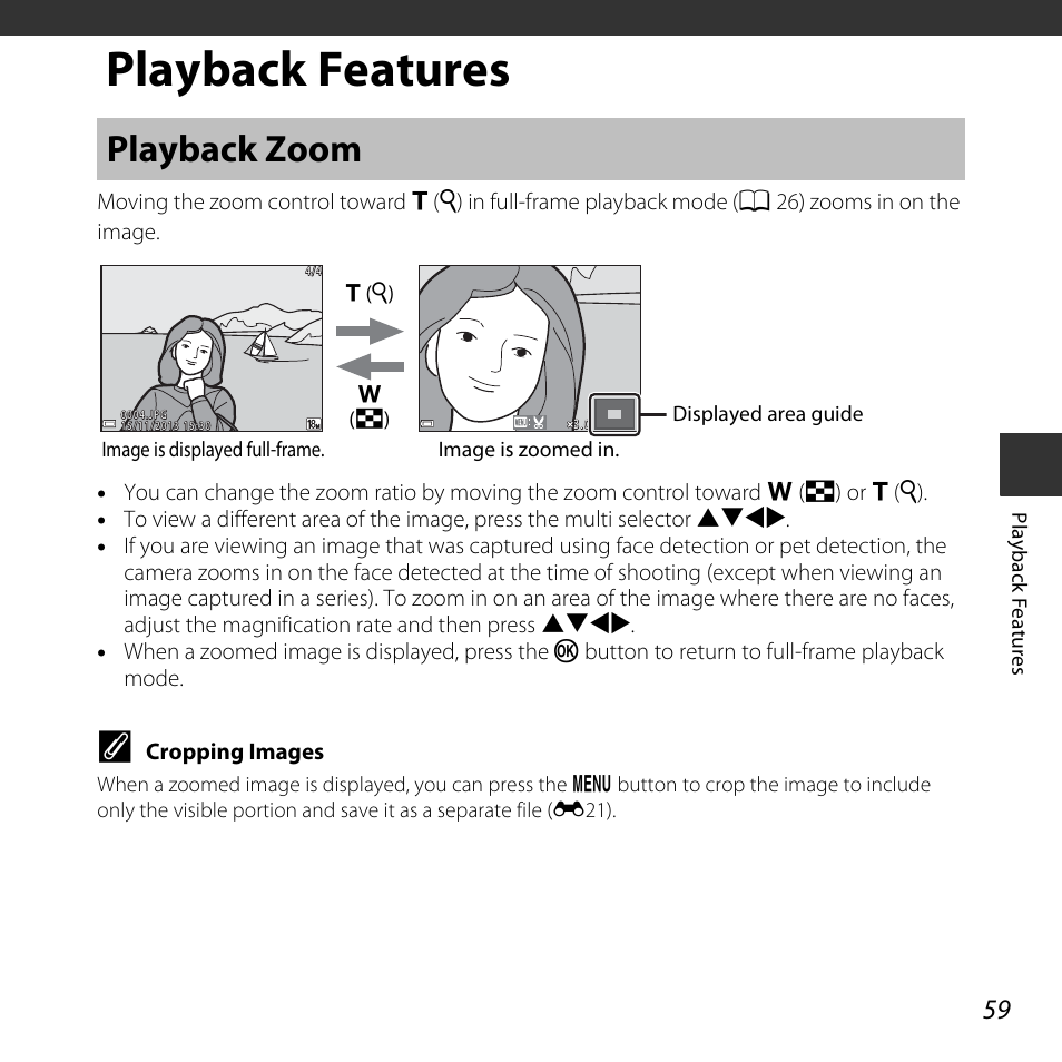 Playback features, Playback zoom | Nikon L620 User Manual | Page 79 / 212
