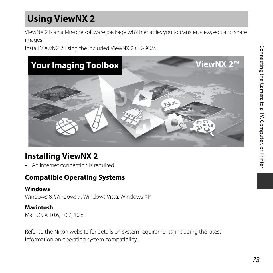 Using viewnx 2, Installing viewnx 2, A 73) | A 73, Your imaging toolbox viewnx 2 | Nikon L620 User Manual | Page 93 / 212