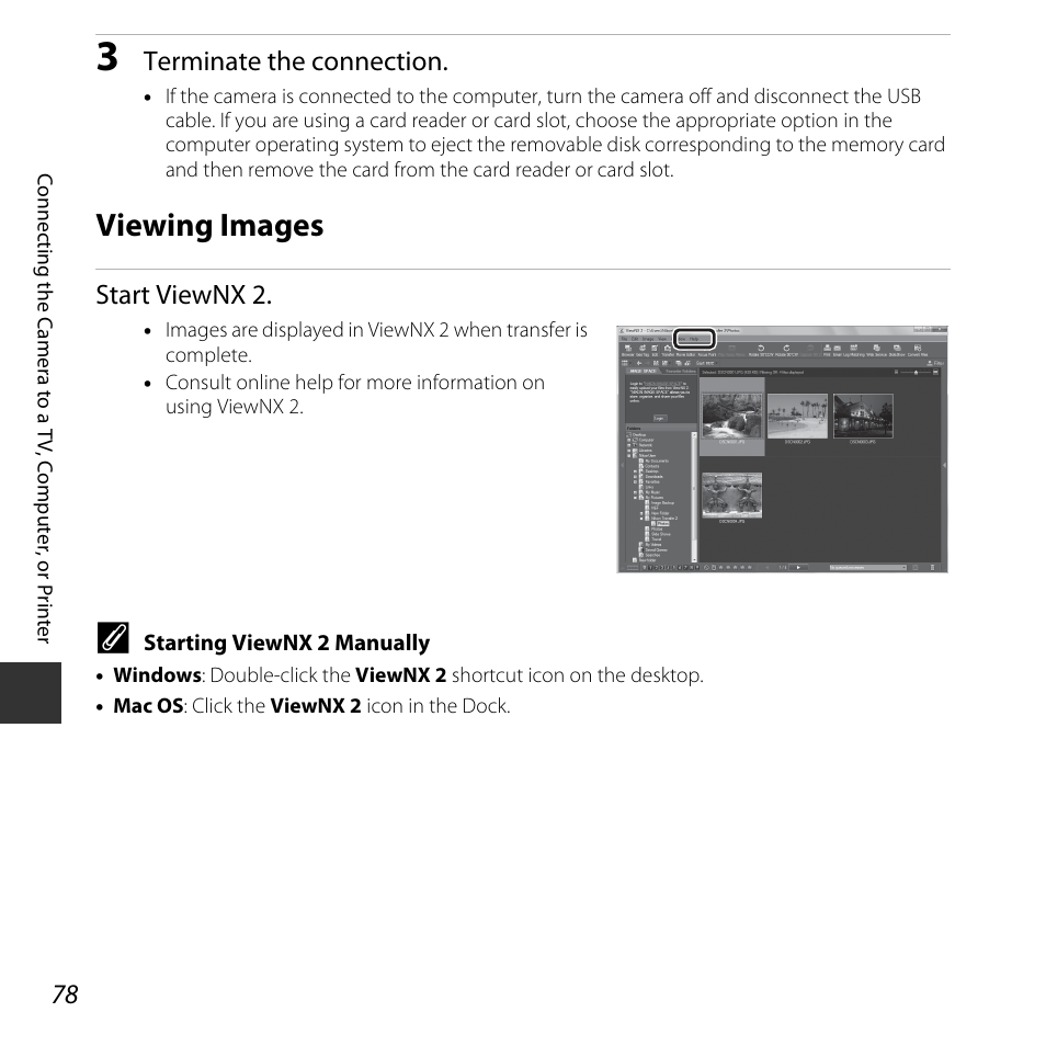 Viewing images, Terminate the connection, Start viewnx 2 | Nikon L620 User Manual | Page 98 / 212