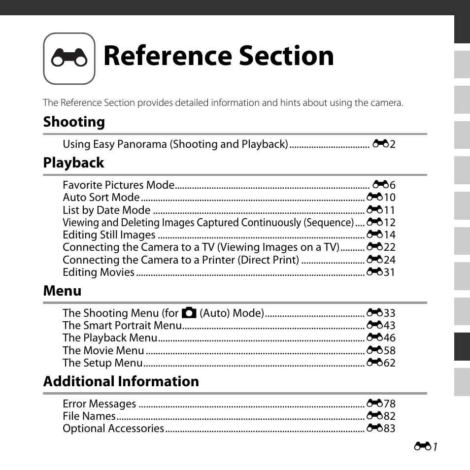Reference section, Shooting, Playback | Menu, Additional information | Nikon L620 User Manual | Page 99 / 212