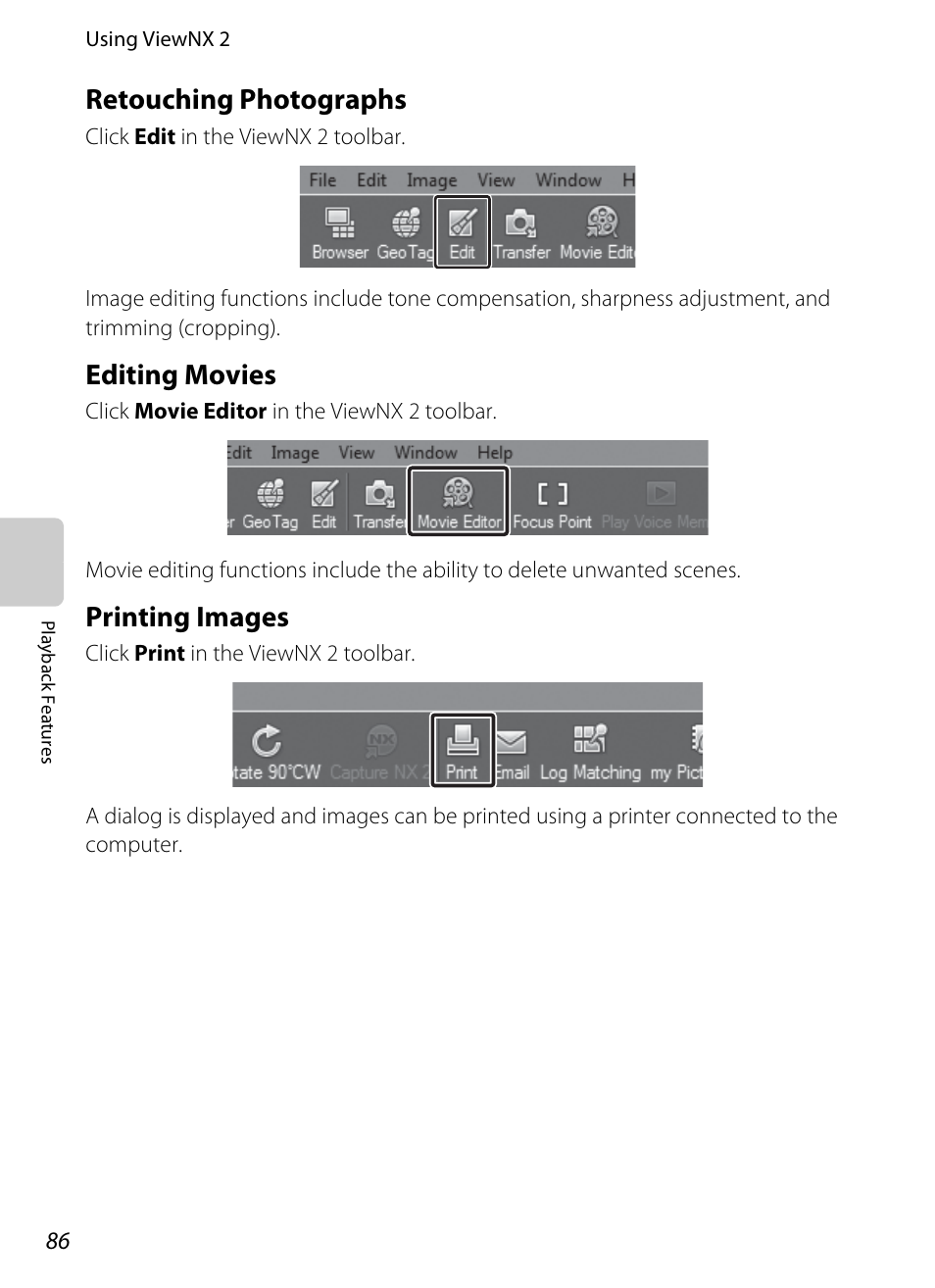 Retouching photographs, Editing movies, Printing images | Nikon S8200 User Manual | Page 102 / 228