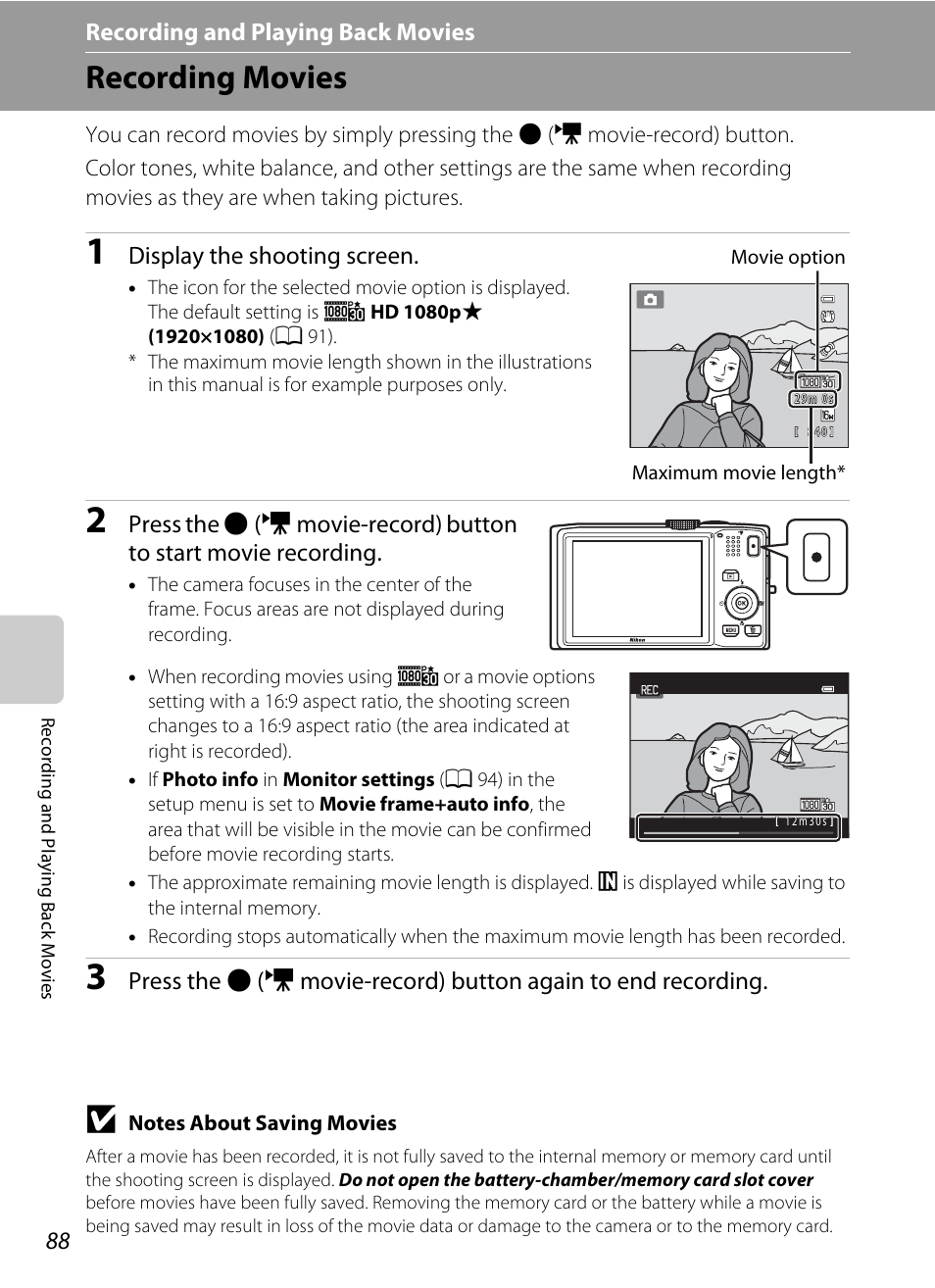 Recording movies | Nikon S8200 User Manual | Page 104 / 228