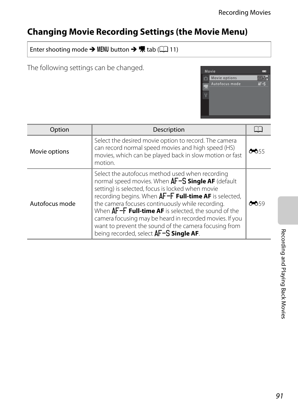 Changing movie recording settings (the movie menu), A 91) | Nikon S8200 User Manual | Page 107 / 228