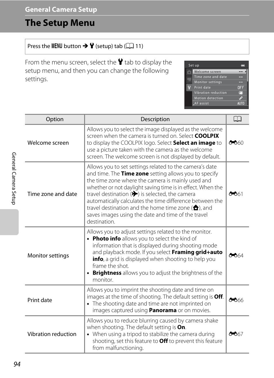 The setup menu, A 94), A 94) when | A 94, A 94) w, General camera setup | Nikon S8200 User Manual | Page 110 / 228