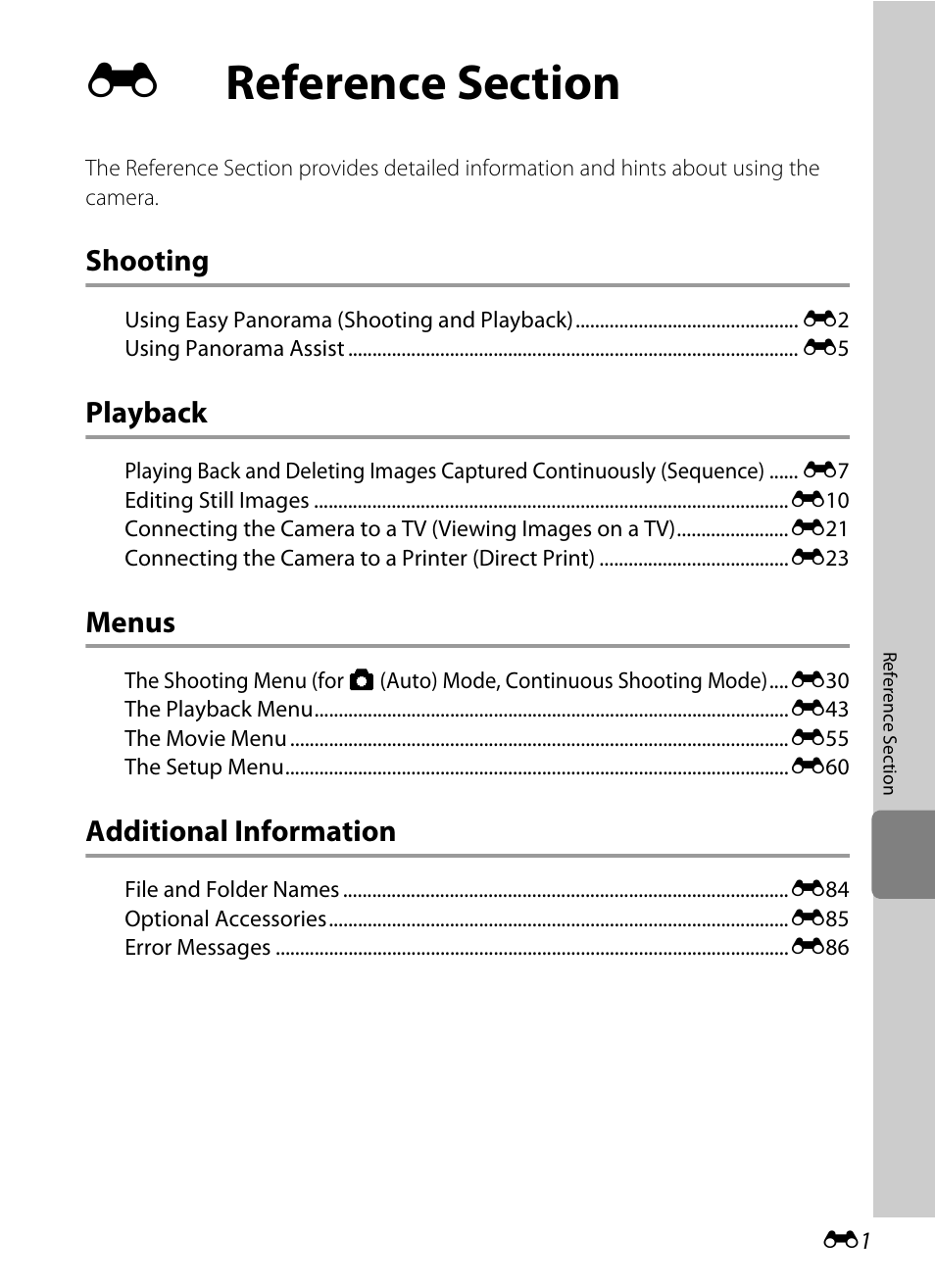 Reference section, Shooting, Playback | Menus, Additional information | Nikon S8200 User Manual | Page 113 / 228