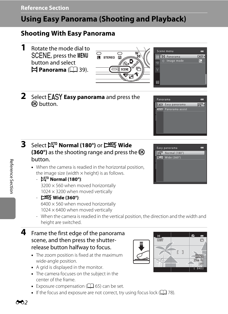 Using easy panorama (shooting and playback), Shooting with easy panorama, E “using easy panorama (shooting and playback) | E2) for more, Select v easy panorama and press the k button | Nikon S8200 User Manual | Page 114 / 228