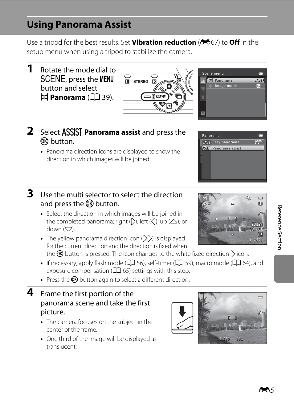 Using panorama assist, E5) for more, Select u panorama assist and press the k button | Button | Nikon S8200 User Manual | Page 117 / 228