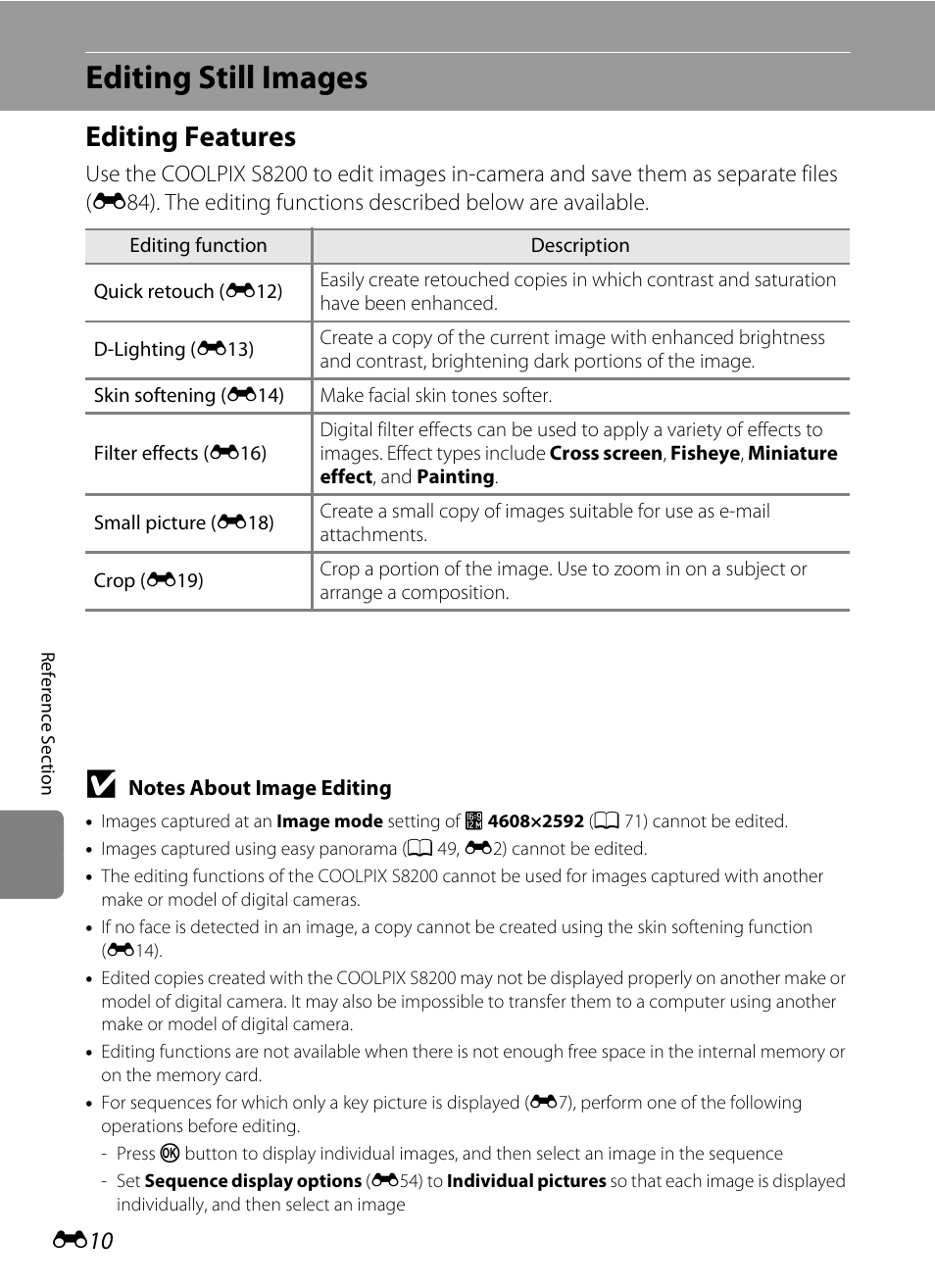 Editing still images, Editing features | Nikon S8200 User Manual | Page 122 / 228