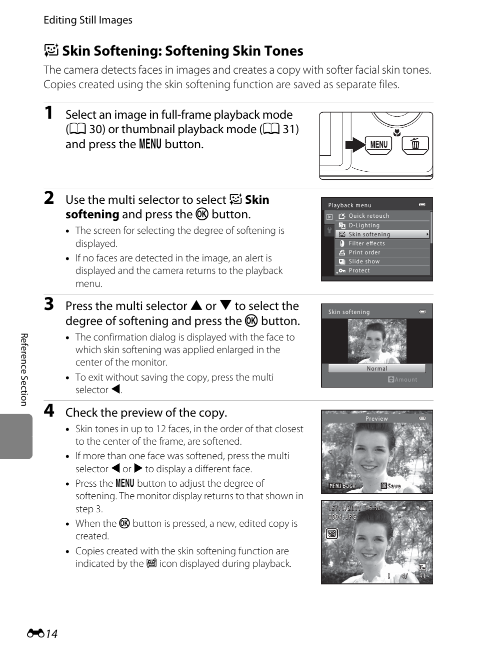 Skin softening: softening skin tones, E skin softening: softening skin tones, E14) | Check the preview of the copy | Nikon S8200 User Manual | Page 126 / 228