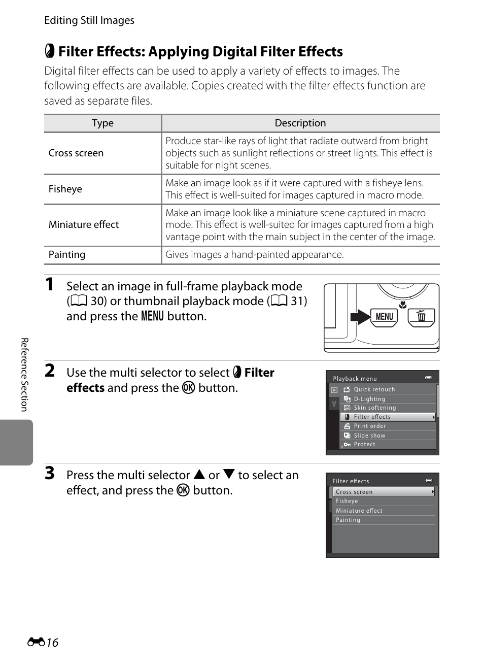 Filter effects: applying digital filter effects, P filter effects: applying digital filter effects, S (e16) | Nikon S8200 User Manual | Page 128 / 228