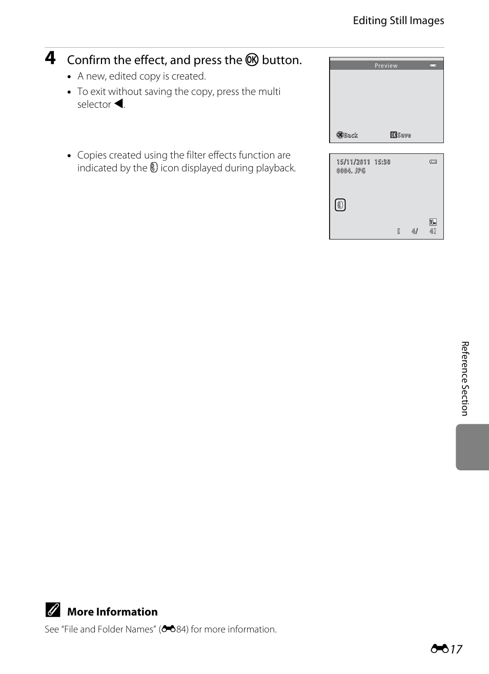 Confirm the effect, and press the k button | Nikon S8200 User Manual | Page 129 / 228