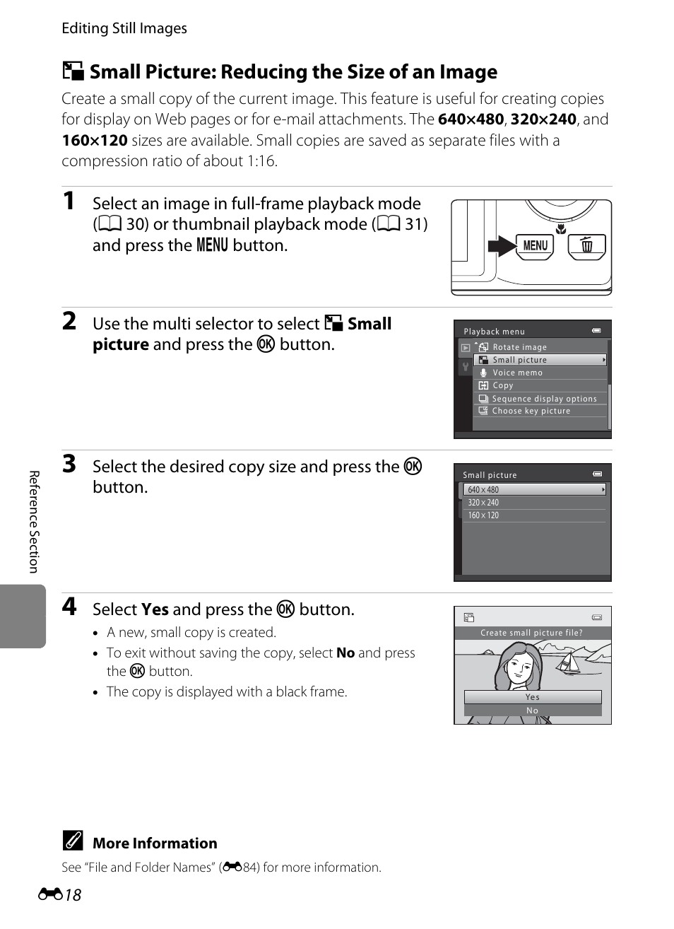 Small picture: reducing the size of an image, G small picture: reducing the size of an image, Select yes and press the k button | Nikon S8200 User Manual | Page 130 / 228