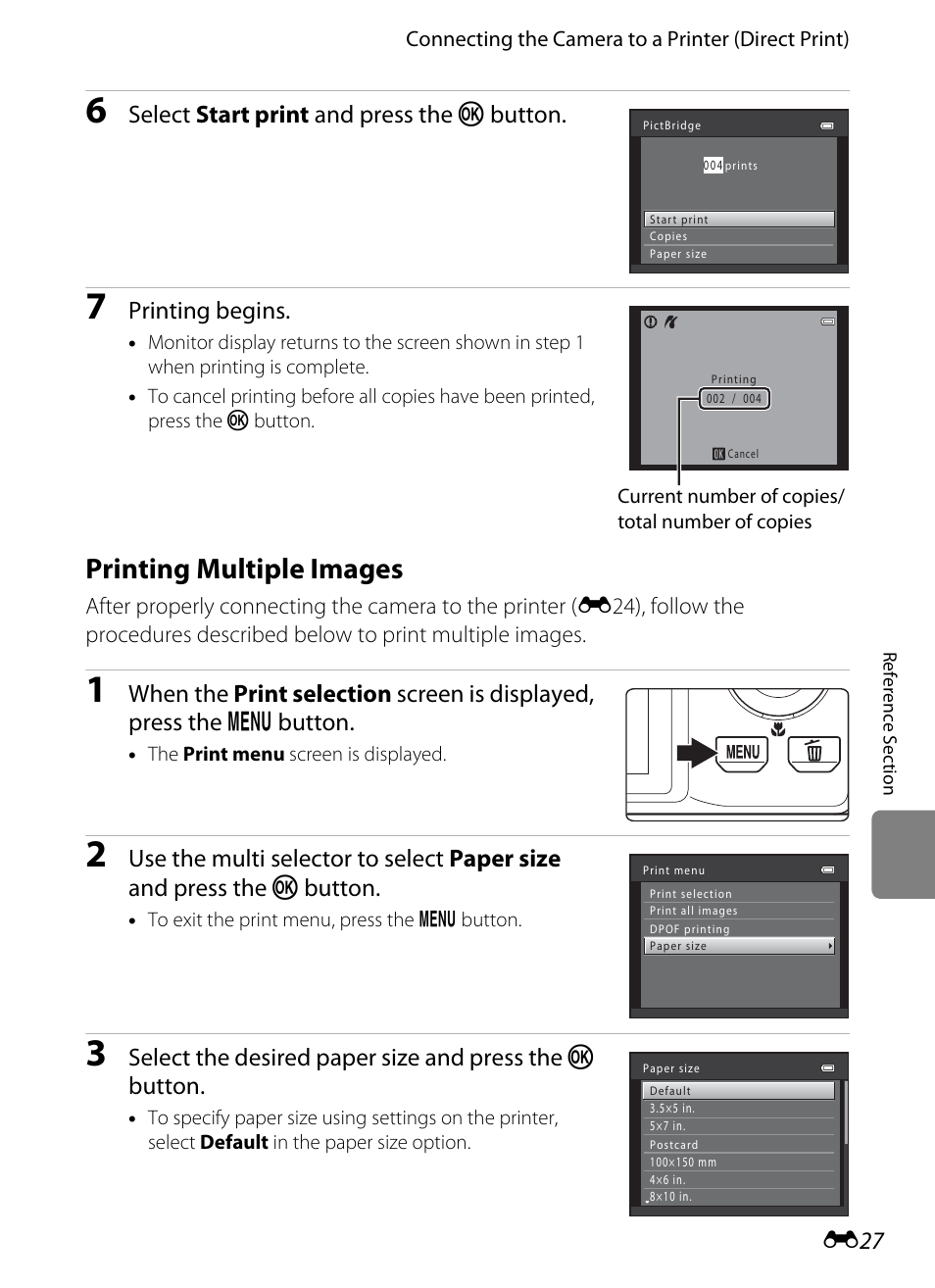 Printing multiple images, E27), Select start print and press the k button | Printing begins | Nikon S8200 User Manual | Page 139 / 228