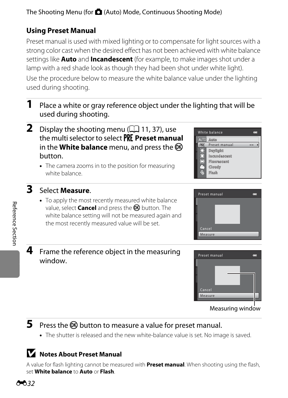 Using preset manual, E32), Select measure | Frame the reference object in the measuring window | Nikon S8200 User Manual | Page 144 / 228