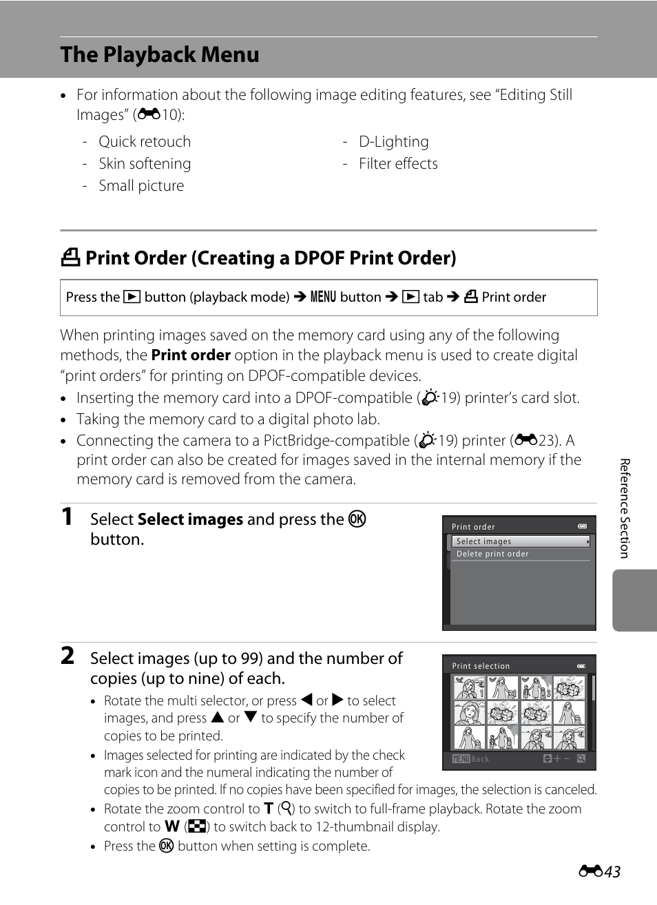 The playback menu, Print order (creating a dpof print order), A print order (creating a dpof print order) | E43), E43) an, Select select images and press the k button | Nikon S8200 User Manual | Page 155 / 228