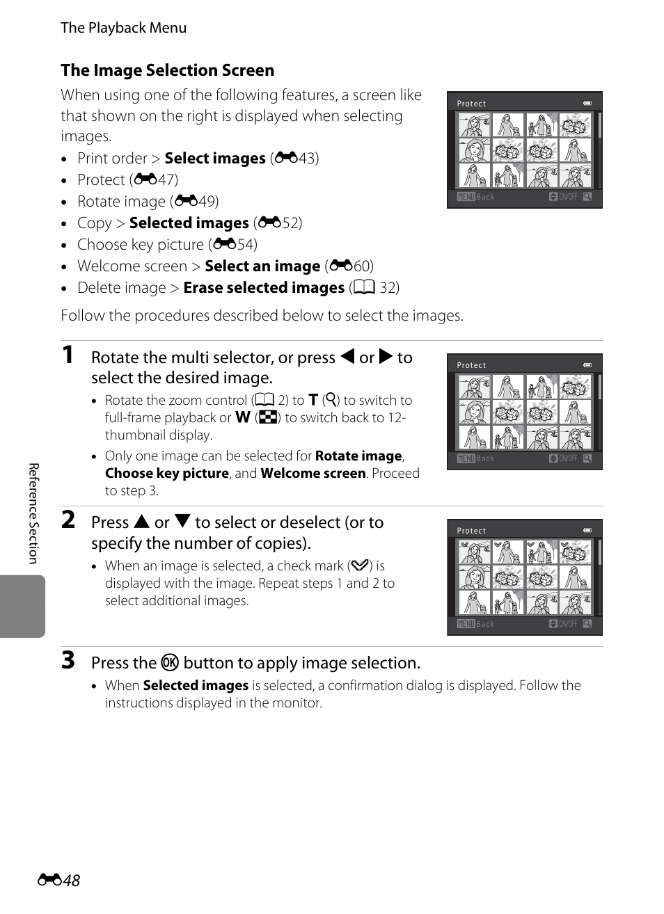 The image selection screen, E48) for more information, Press the k button to apply image selection | Nikon S8200 User Manual | Page 160 / 228